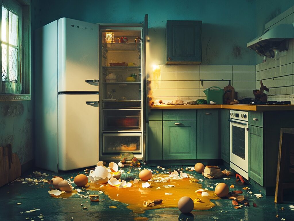 Rozbite vajcia na zemi v kuchyni